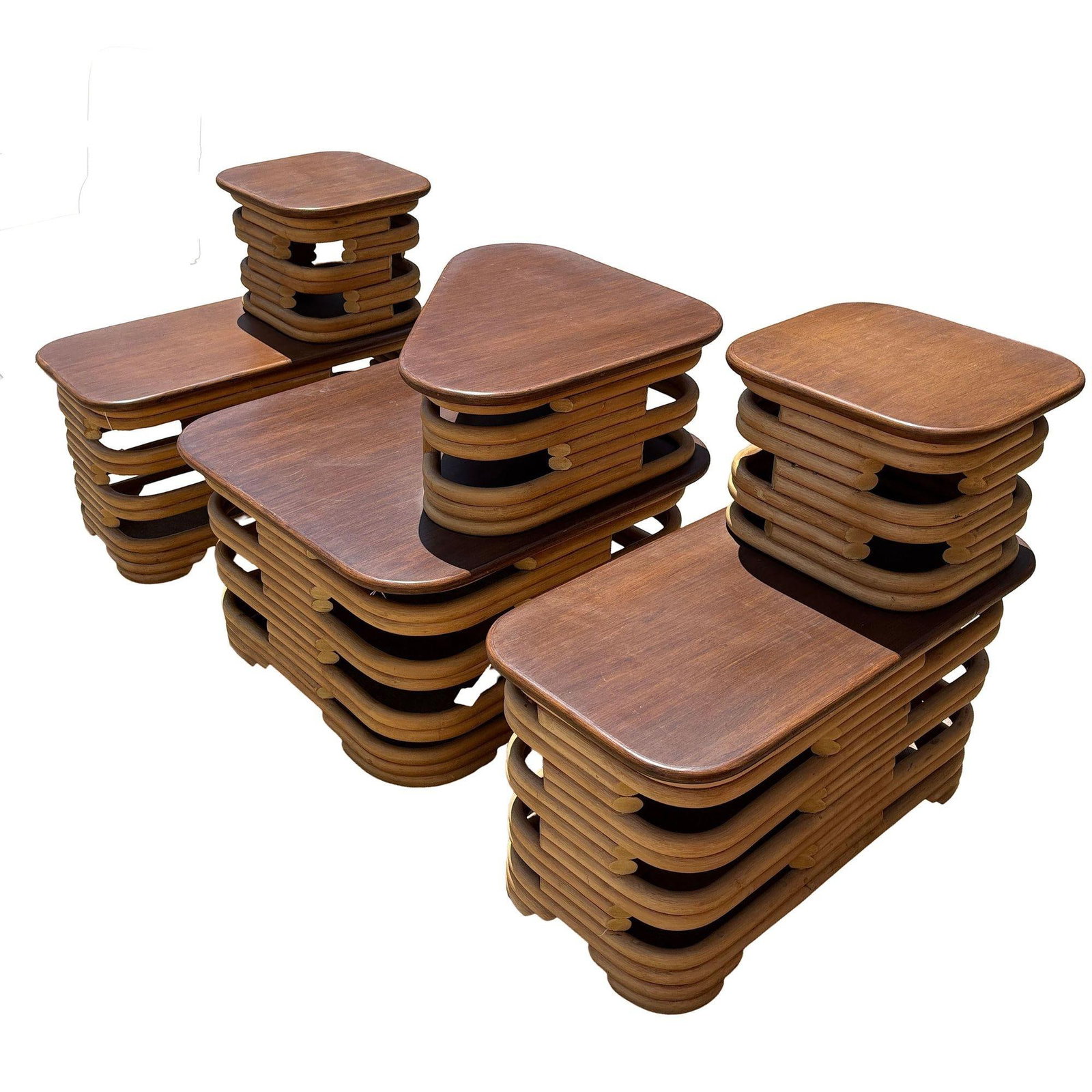 Mid-Century Two-Tier Stacked Rattan & Mahogany Coastal Side & Corner Table Set - 5