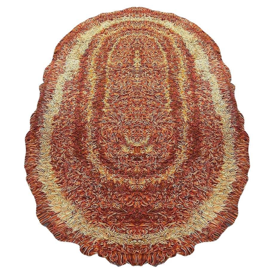 8' Foot Hand Woven Tricolor Oval Scandinavian Shag Rug: Title: 8' Foot Hand Woven Tricolor Oval Scandinavian Shag Rug Description: Oval postmodern Orange and half-white pattern shag area wool shag rug with abstract ring design in various shades of beige, b