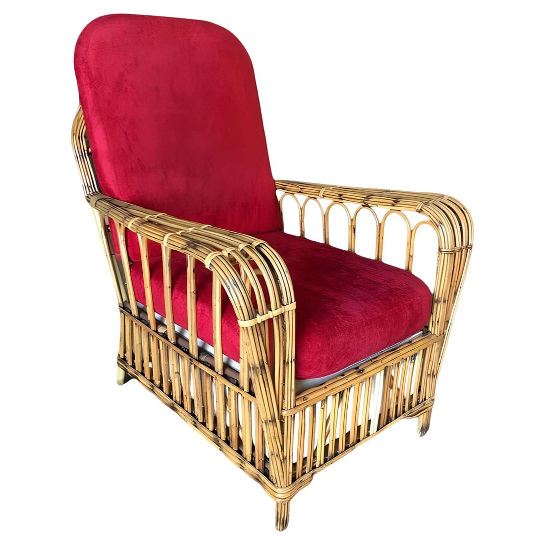 Restored Vintage Art Deco "President's" High Stand Stick Rattan Lounge Chair: Title: Restored Vintage Art Deco "President's" High Stand Stick Rattan Lounge Chair Description: This "President's" Art Deco rattan lounge chair with high strand count arms was named such because FDR 