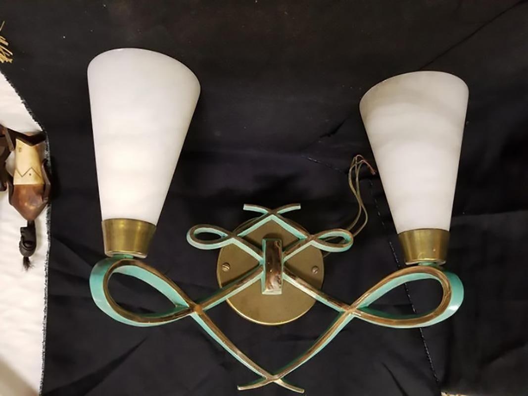 High Style Bronze Sconce with Alabaster Shades, Pair - 2
