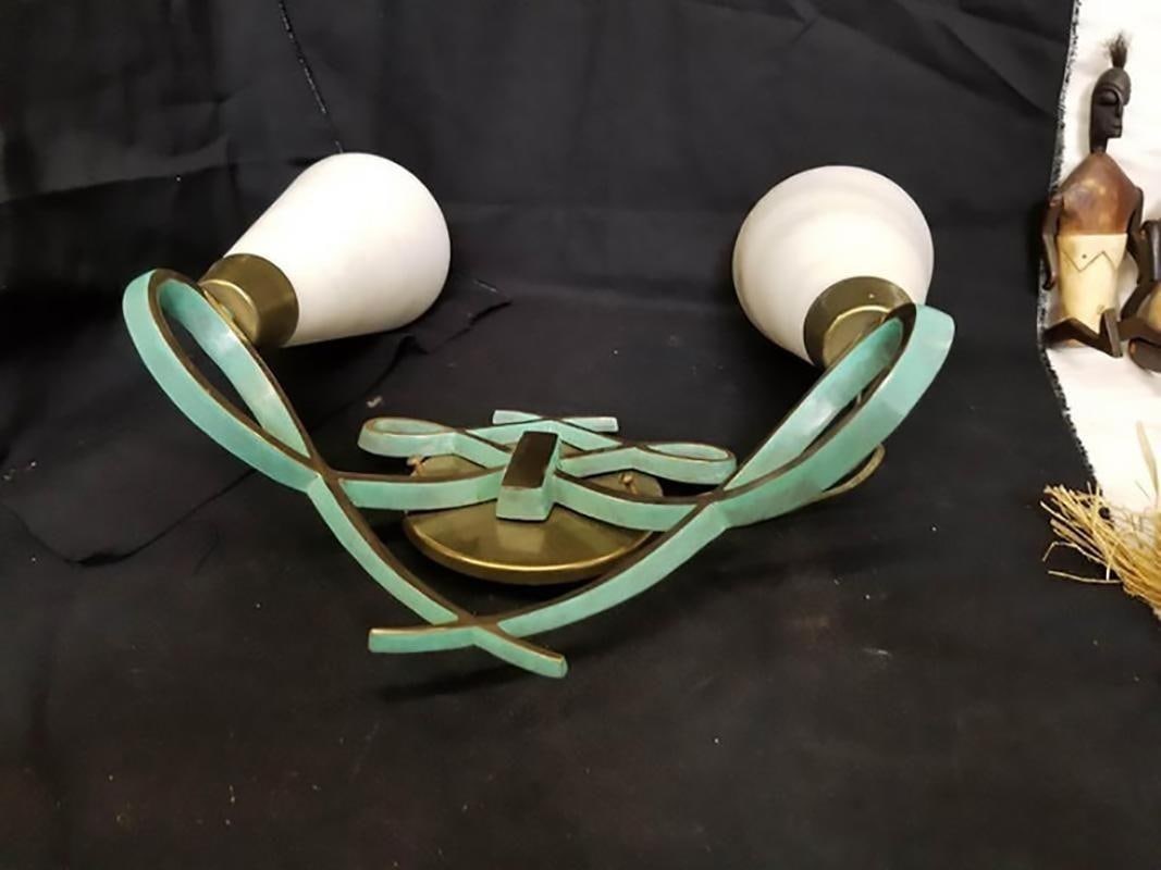 High Style Bronze Sconce with Alabaster Shades, Pair - 3