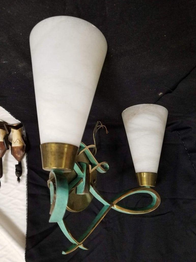 High Style Bronze Sconce with Alabaster Shades, Pair - 4