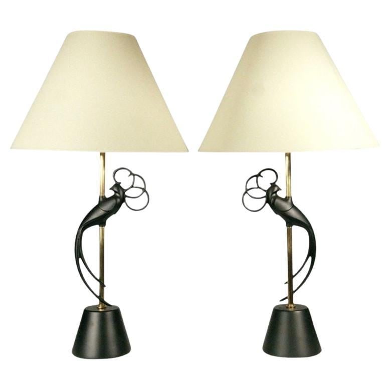 Mid-century Brass & Steel "Lovebird" Sculptral Table Lamp by Rembrandt , Pair: Title: Mid-century Brass & Steel "Lovebird" Sculptral Table Lamp by Rembrandt , Pair Description: This pair of mid-century modern table lamps by the Rembrandt Company features a sinuous lovebirds rend