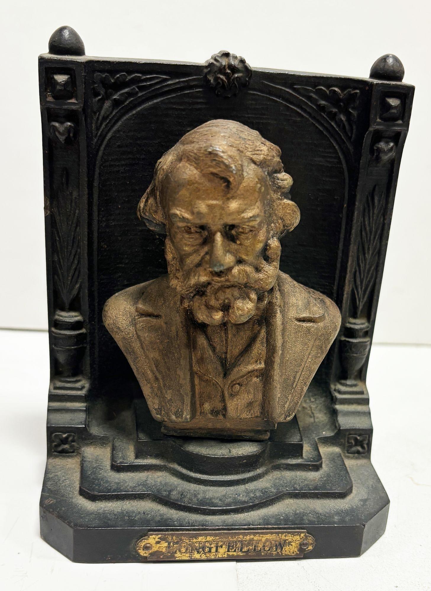 Solid Brass Bookends Bust Of Henry W. Longfellow by "B & H" Bradley and Hubbard - 2