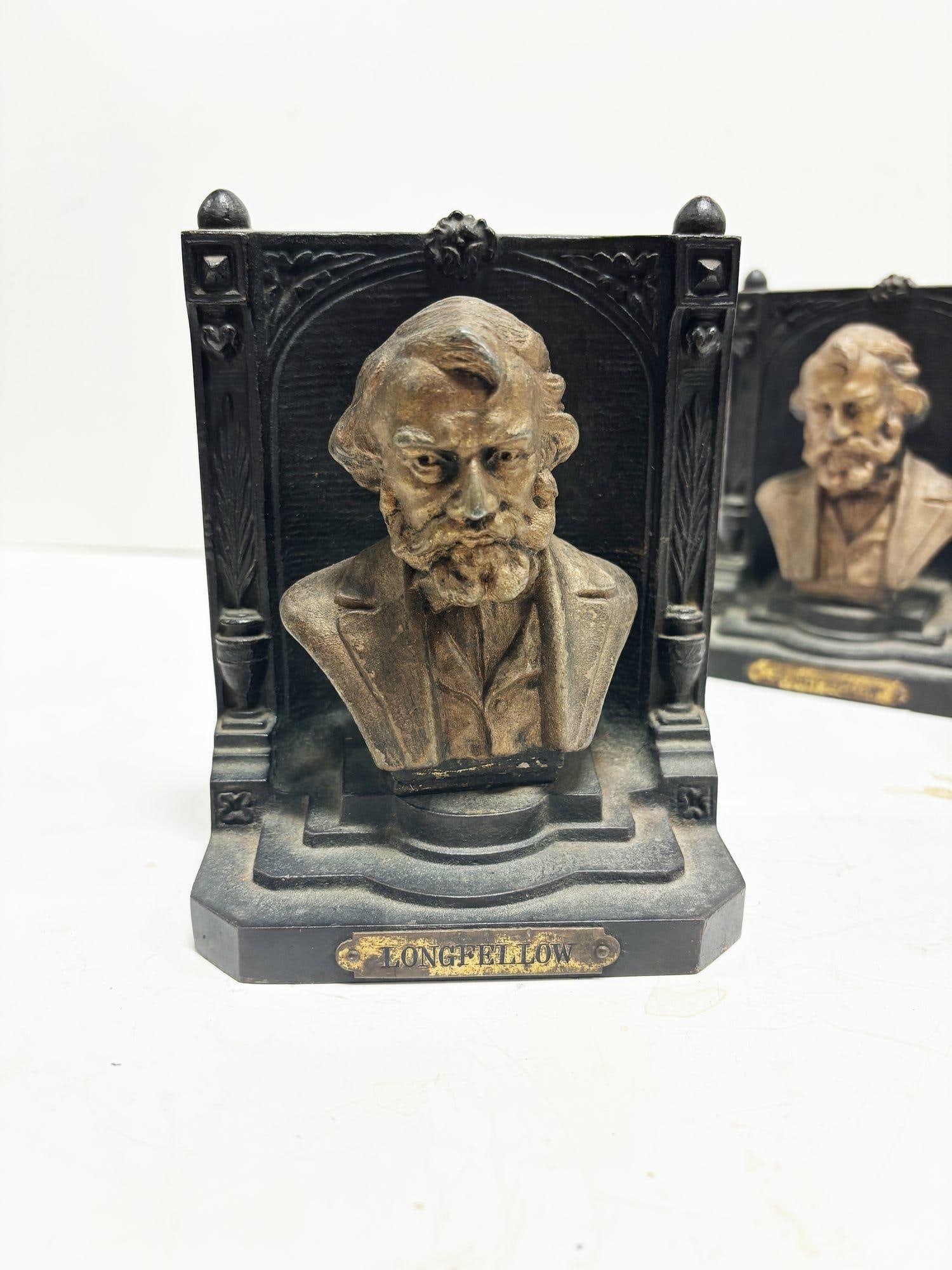 Solid Brass Bookends Bust Of Henry W. Longfellow by "B & H" Bradley and Hubbard - 3