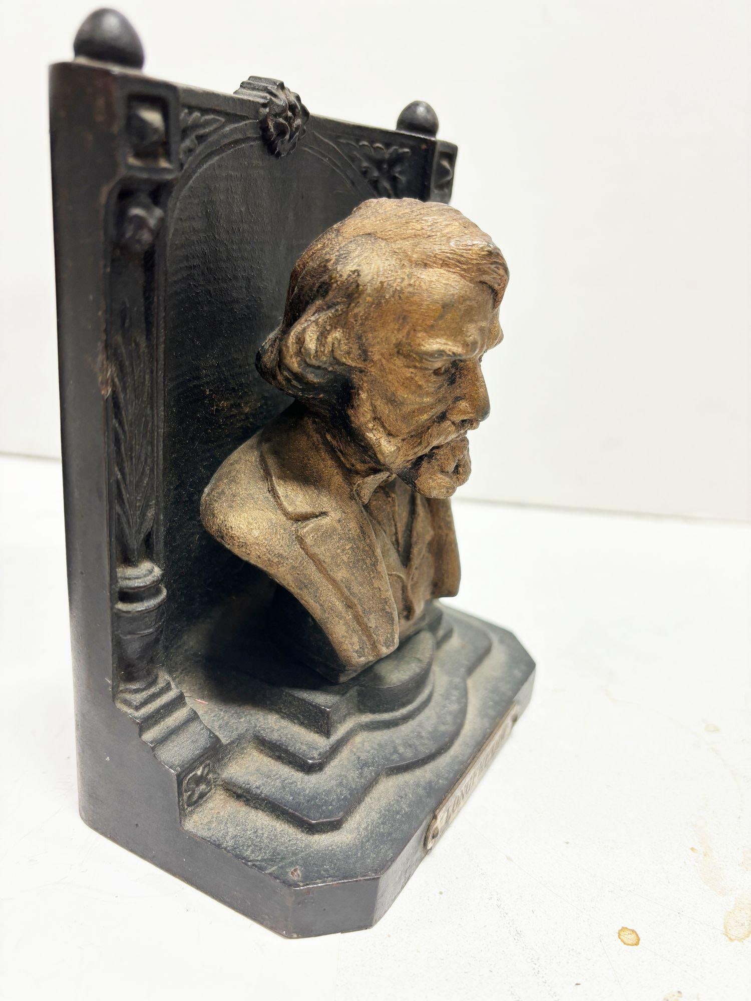 Solid Brass Bookends Bust Of Henry W. Longfellow by "B & H" Bradley and Hubbard - 4