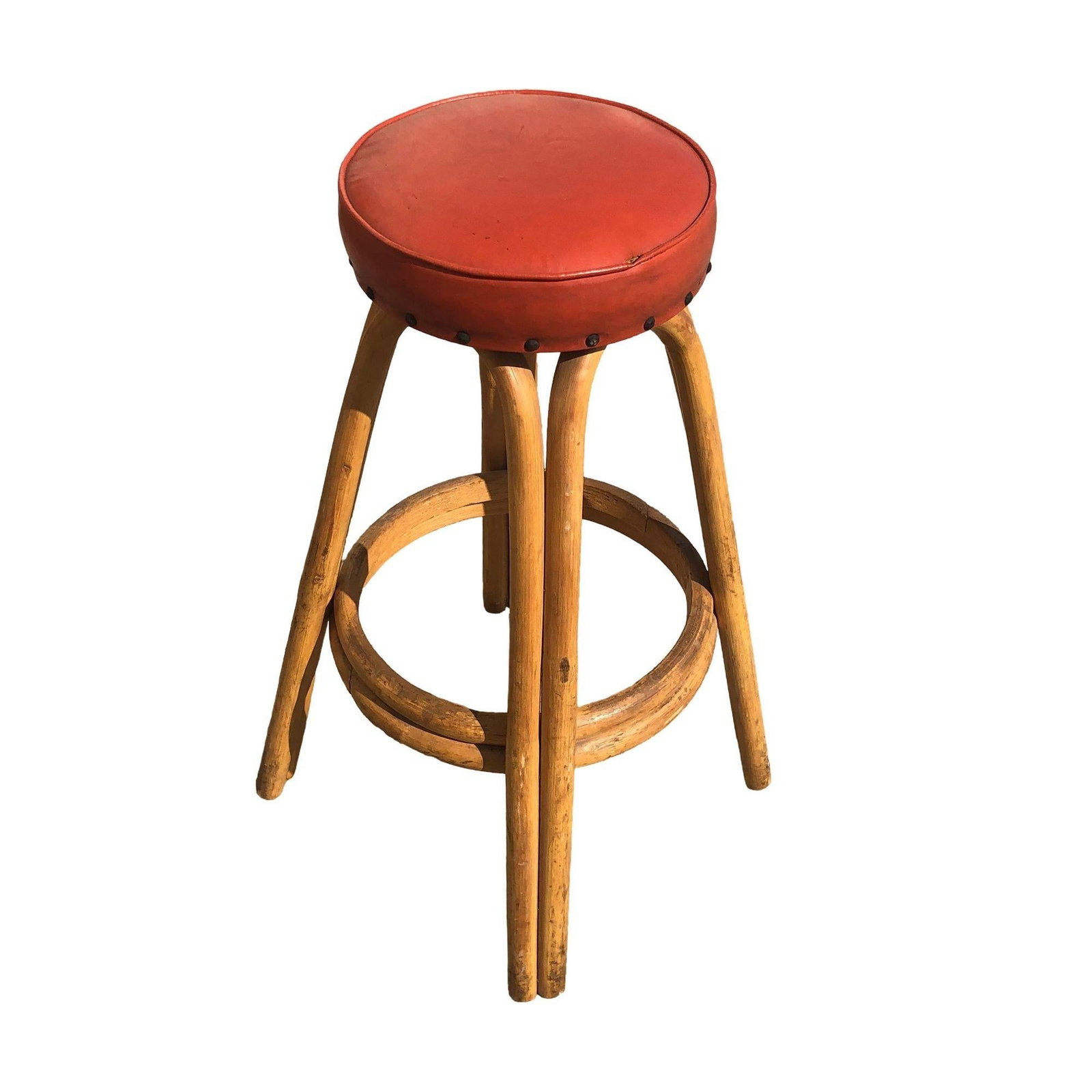 Restored arched Rattan Bar Stools w/ Studded Nailhead Red Seats, Set of 5 - 2
