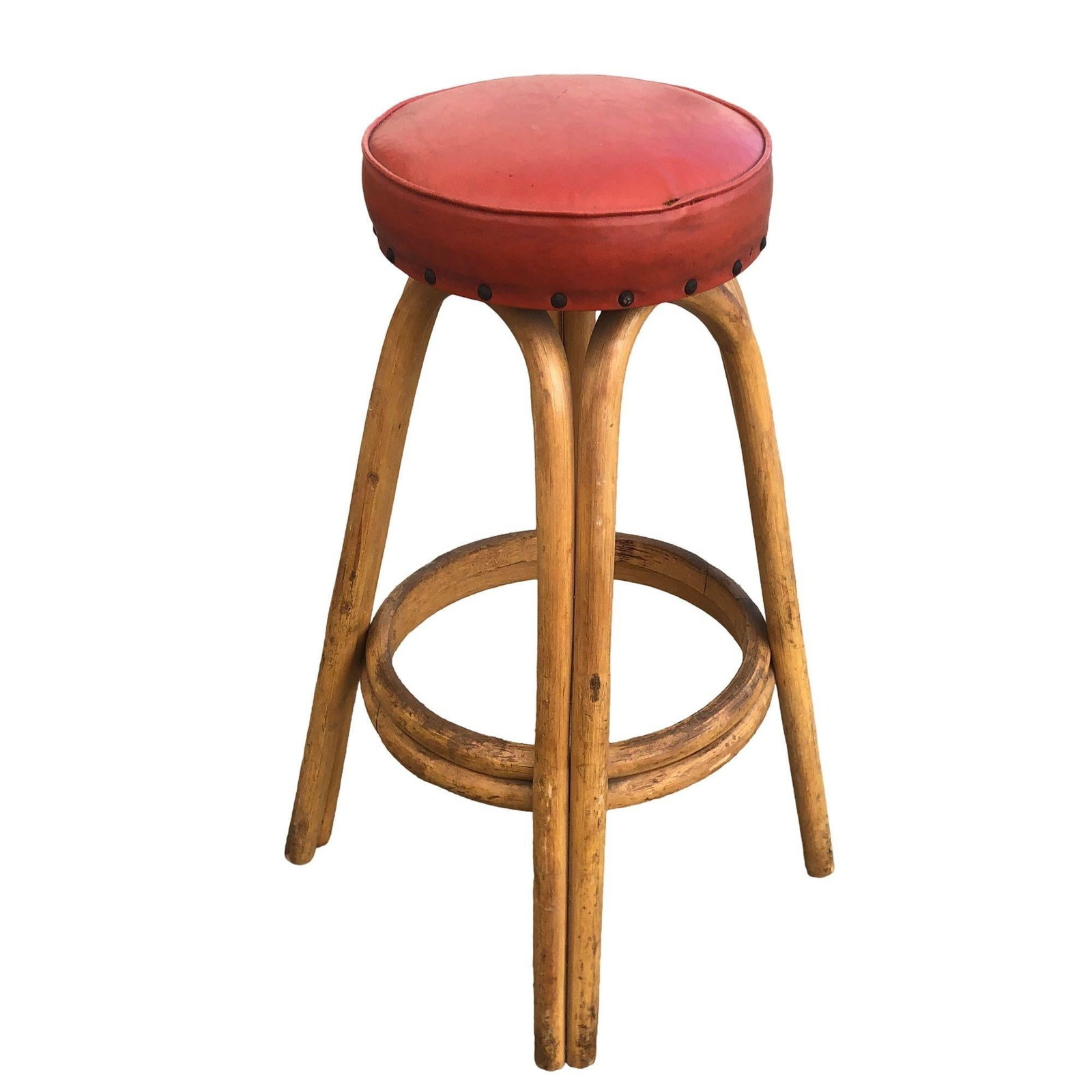 Restored arched Rattan Bar Stools w/ Studded Nailhead Red Seats, Set of 5 - 3