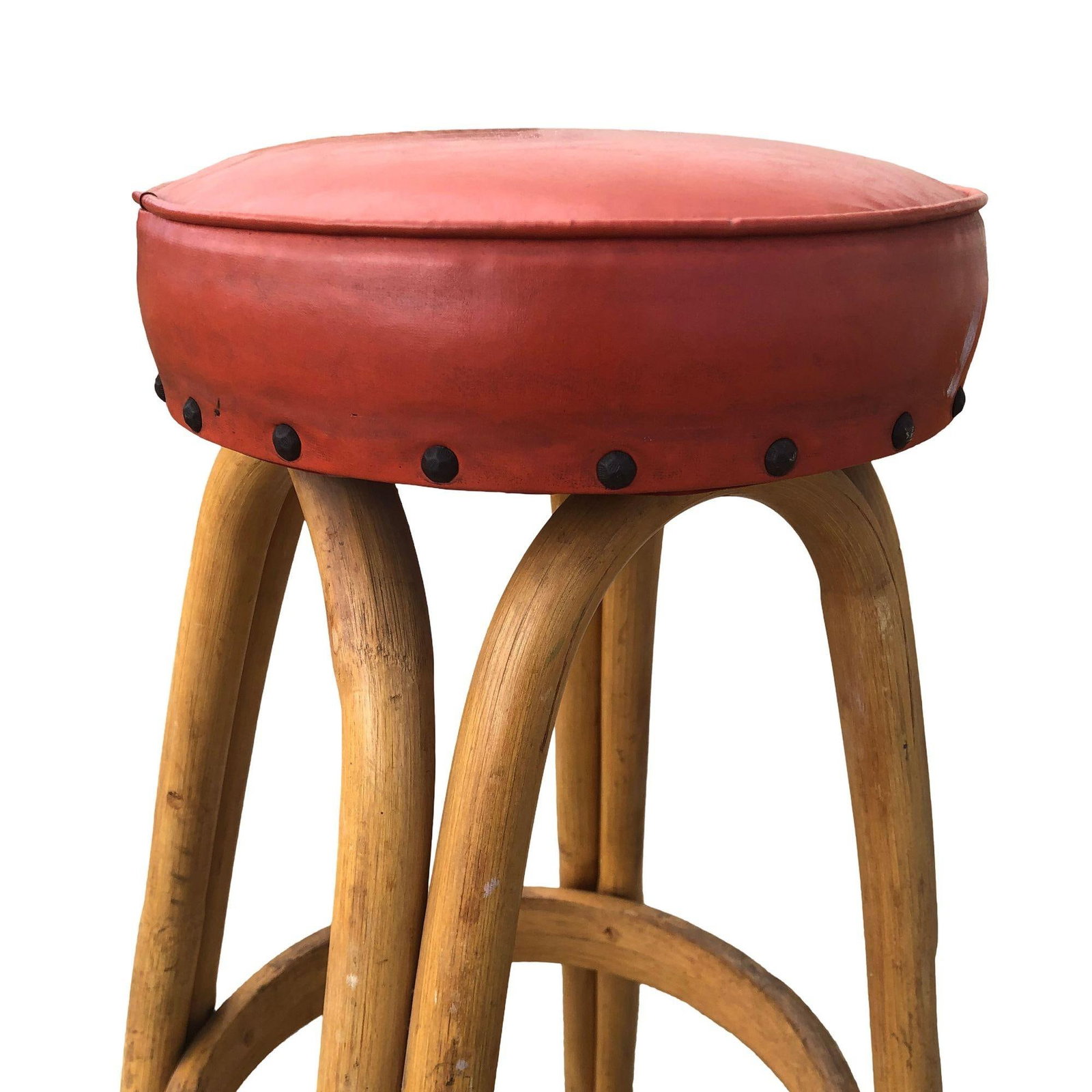 Restored arched Rattan Bar Stools w/ Studded Nailhead Red Seats, Set of 5 - 4