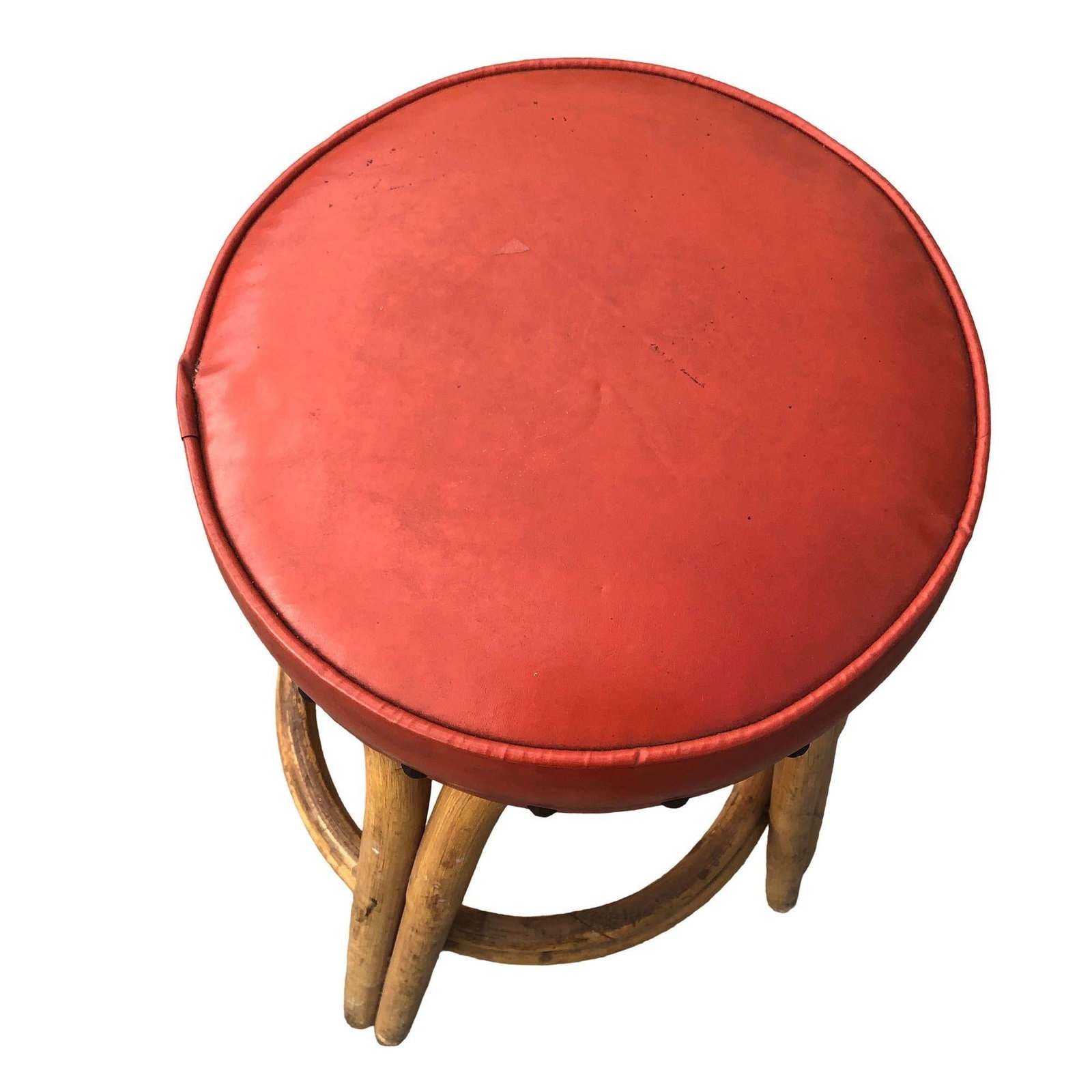 Restored arched Rattan Bar Stools w/ Studded Nailhead Red Seats, Set of 5 - 5
