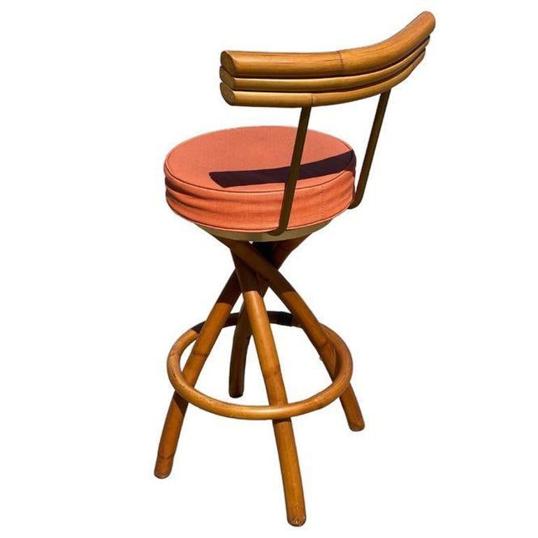 Restored Mid-century Swivel "Spiral" Leg Rattan & Brass Barstools, Pair - 2