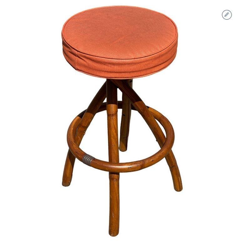 Restored Mid-century Swivel "Spiral" Leg Rattan & Brass Barstools, Pair - 4