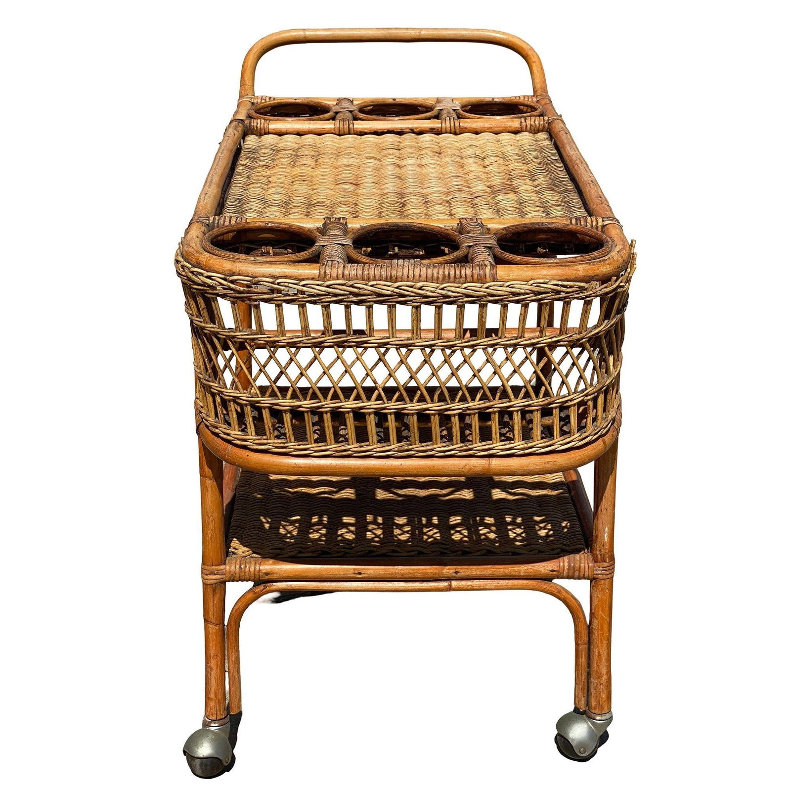 Restored Art Deco Stick Rattan Two-Tier Bar Cart w/ Woven WickerTops - 5