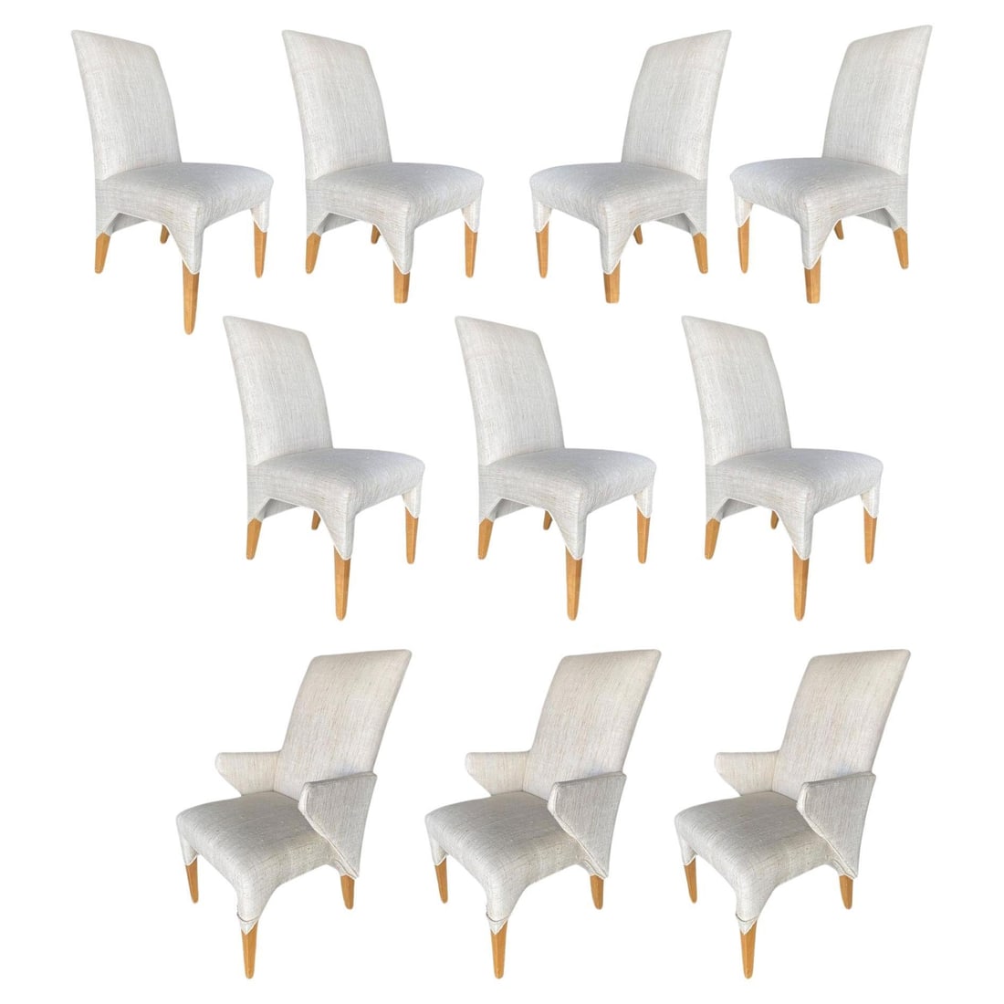 1980s Vintage Post Modern Dining Chairs - Set of 10: Title: 1980s Vintage Post Modern Dining Chairs - Set of 10 Description: High style Post-modern dining chair featuring a set of 10 chairs featuring 3 captains each with armrests and 7 side chairs. Armc