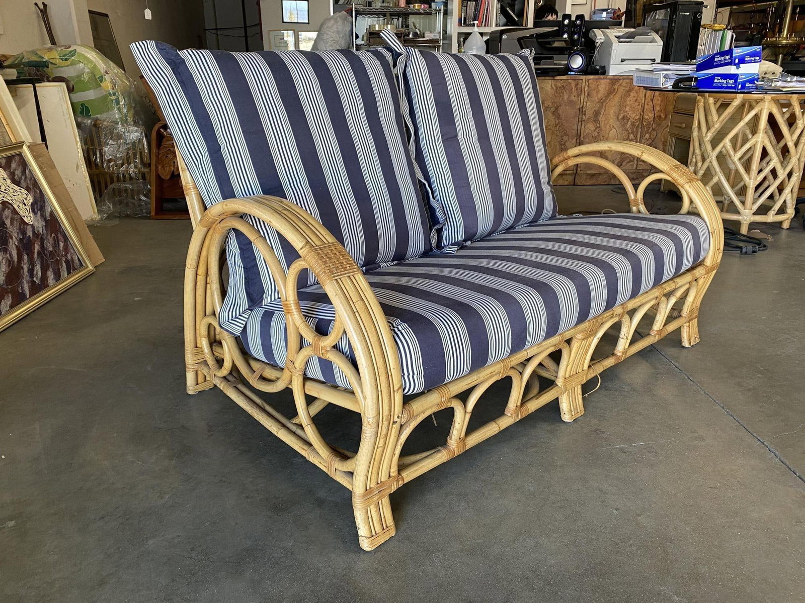 Restored 3-Strand "Circles and Speed" Rattan Settee, Lounge Chair & Ottoman - 4