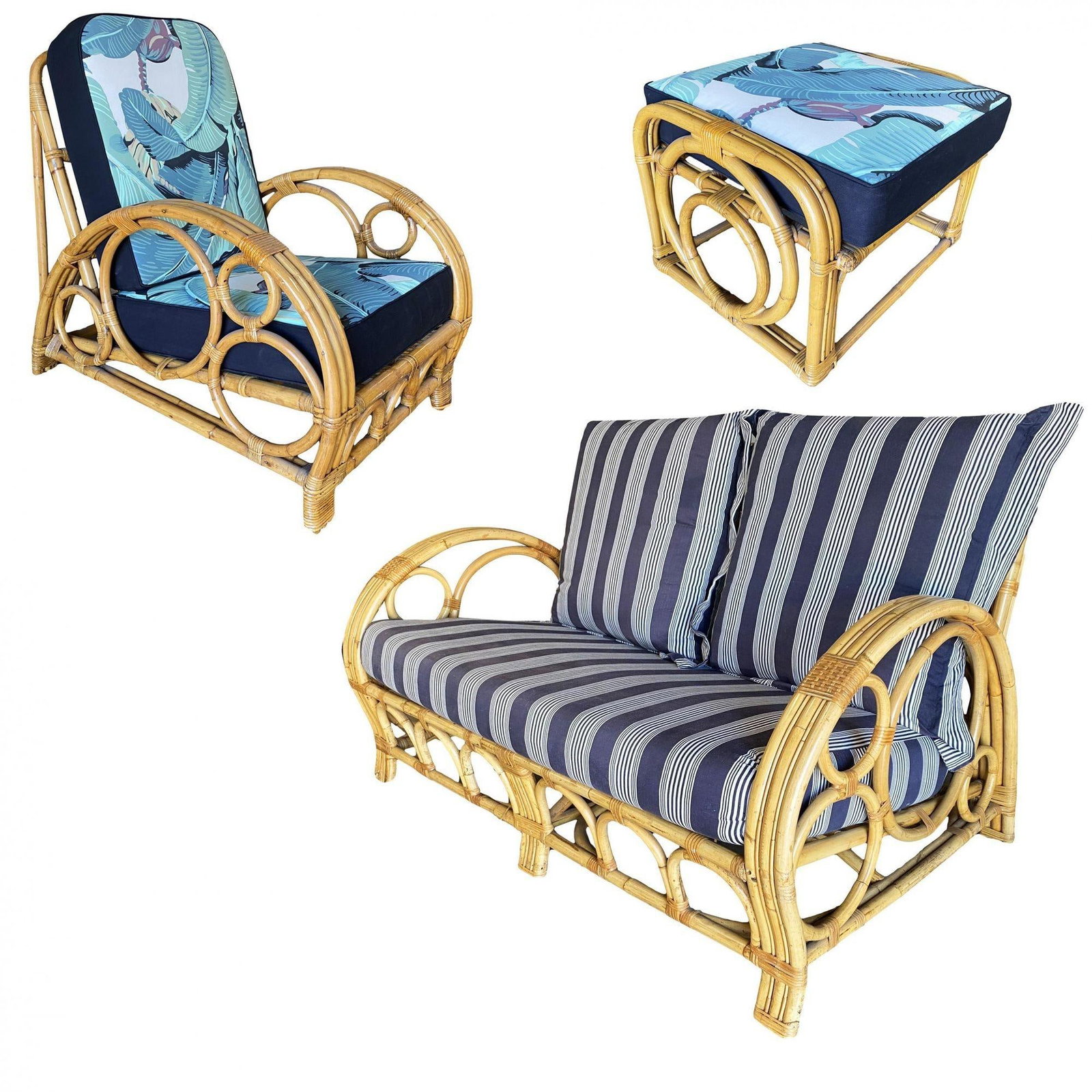 Restored 3-Strand "Circles and Speed" Rattan Settee, Lounge Chair & Ottoman - 5