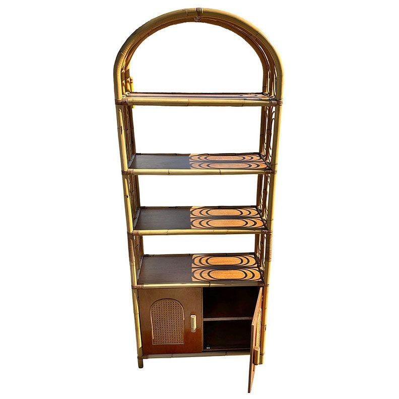Mid-century Rattan Etagere Display Curio Cabinet w/ Mahogany Shelfs - 2