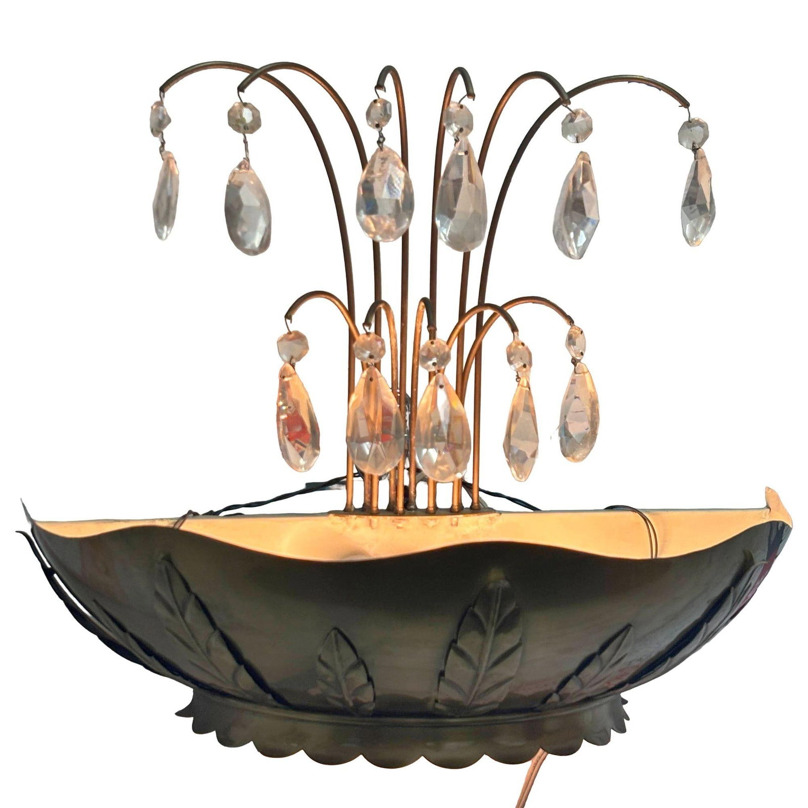 Art Deco Brass Hollywood Regency Palm Leaf Wall Sconce W/ Crystal Arms - 5
