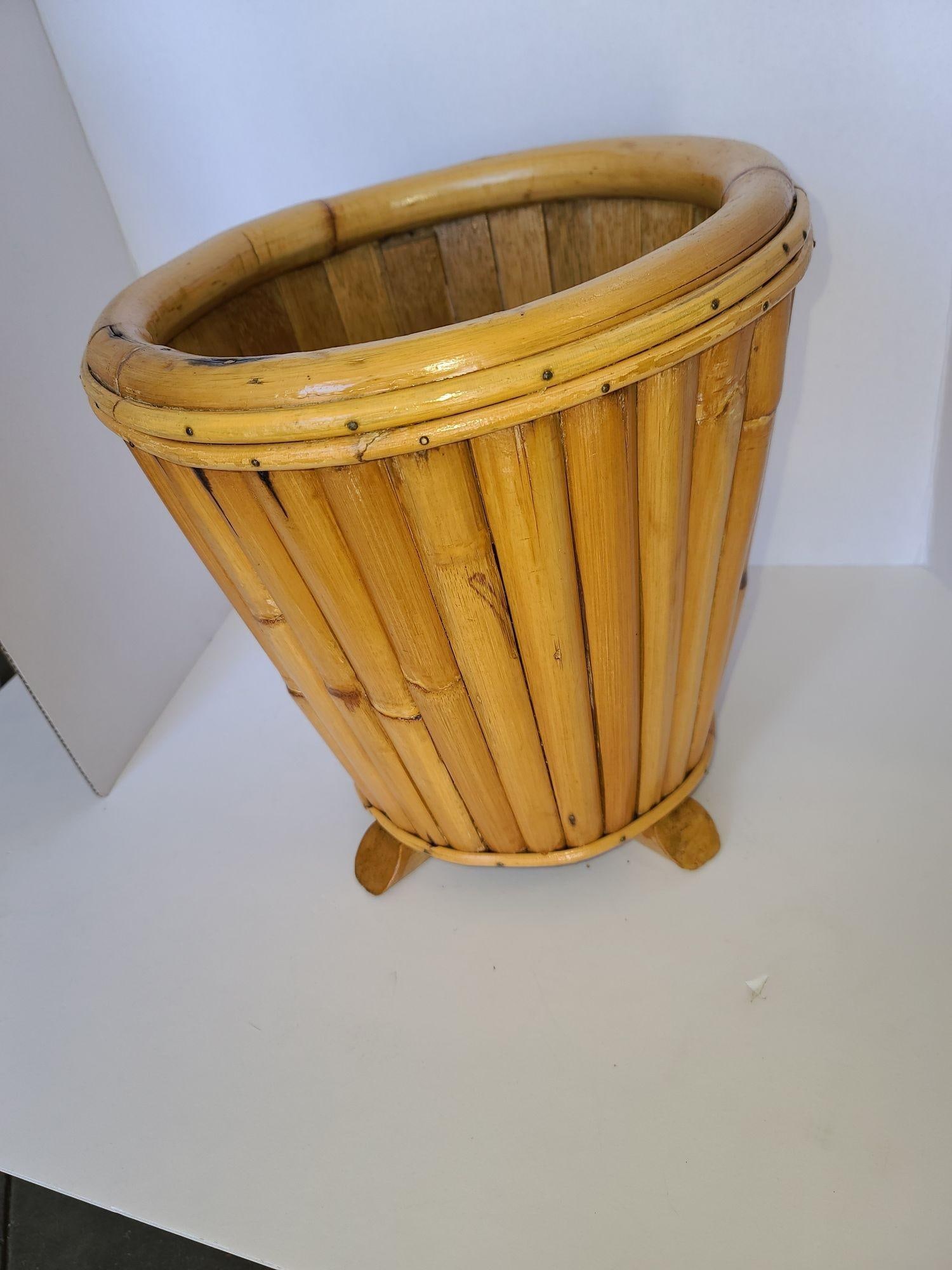 Restored Paul Frankl Vertically Stacked Split Rattan Planter - 2