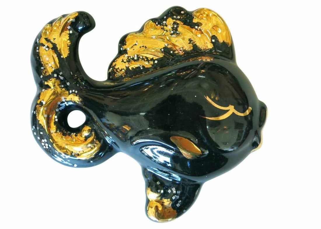 Mid-century Ceramic Black & Gold Plaster Aquatic Angelfish Wall Art, Set of 4 - 5