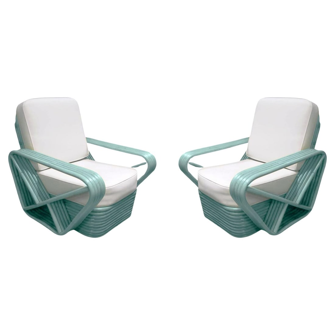 Restored Aqua Turquoise 5-Strand Square Pretzel Rattan Lounge Chairs , Pair: Title: Restored Aqua Turquoise 5-Strand Square Pretzel Rattan Lounge Chairs , Pair Description: This beautifully restored Five-strand square pretzel arm rattan chairs with stacked bases in the style o