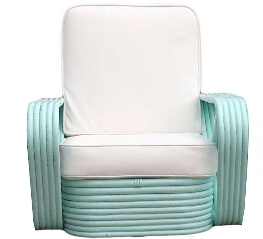Restored Aqua Turquoise 5-Strand Square Pretzel Rattan Lounge Chairs , Pair - 2