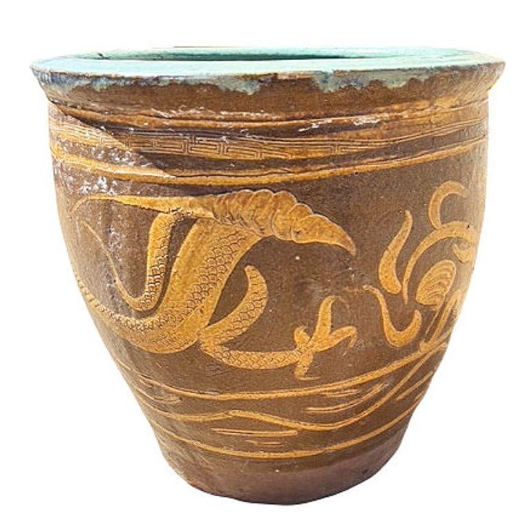 Antique Century Chinese Egg Art Pottery Holder Bird & Dragon Jardinière Planter - 4
