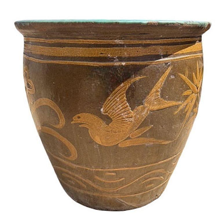 Antique Century Chinese Egg Art Pottery Holder Bird & Dragon Jardinière Planter - 5