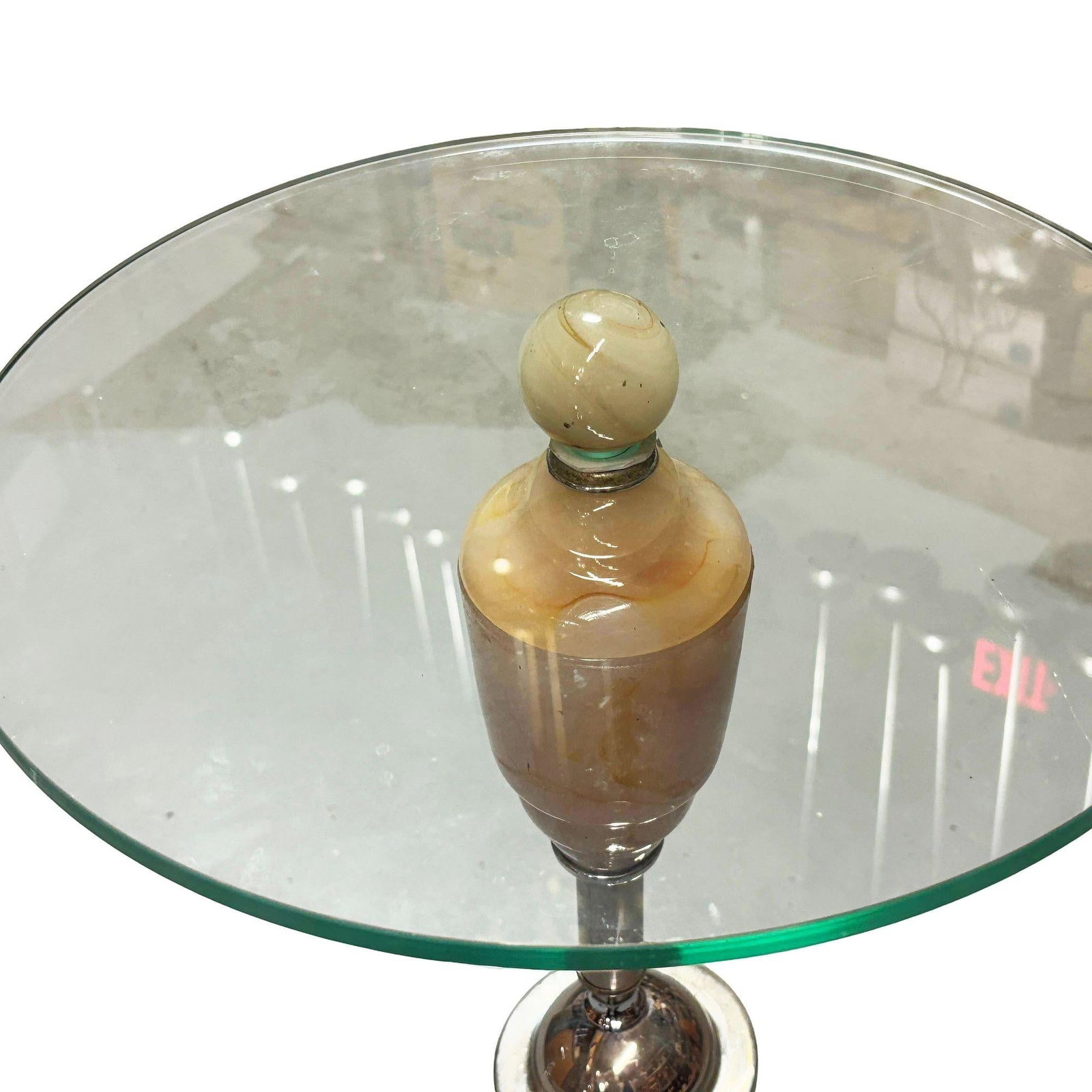 Light Up Chrome Streamline Art Deco Drink Side Glass Top Table w/ Art Glass Base - 3