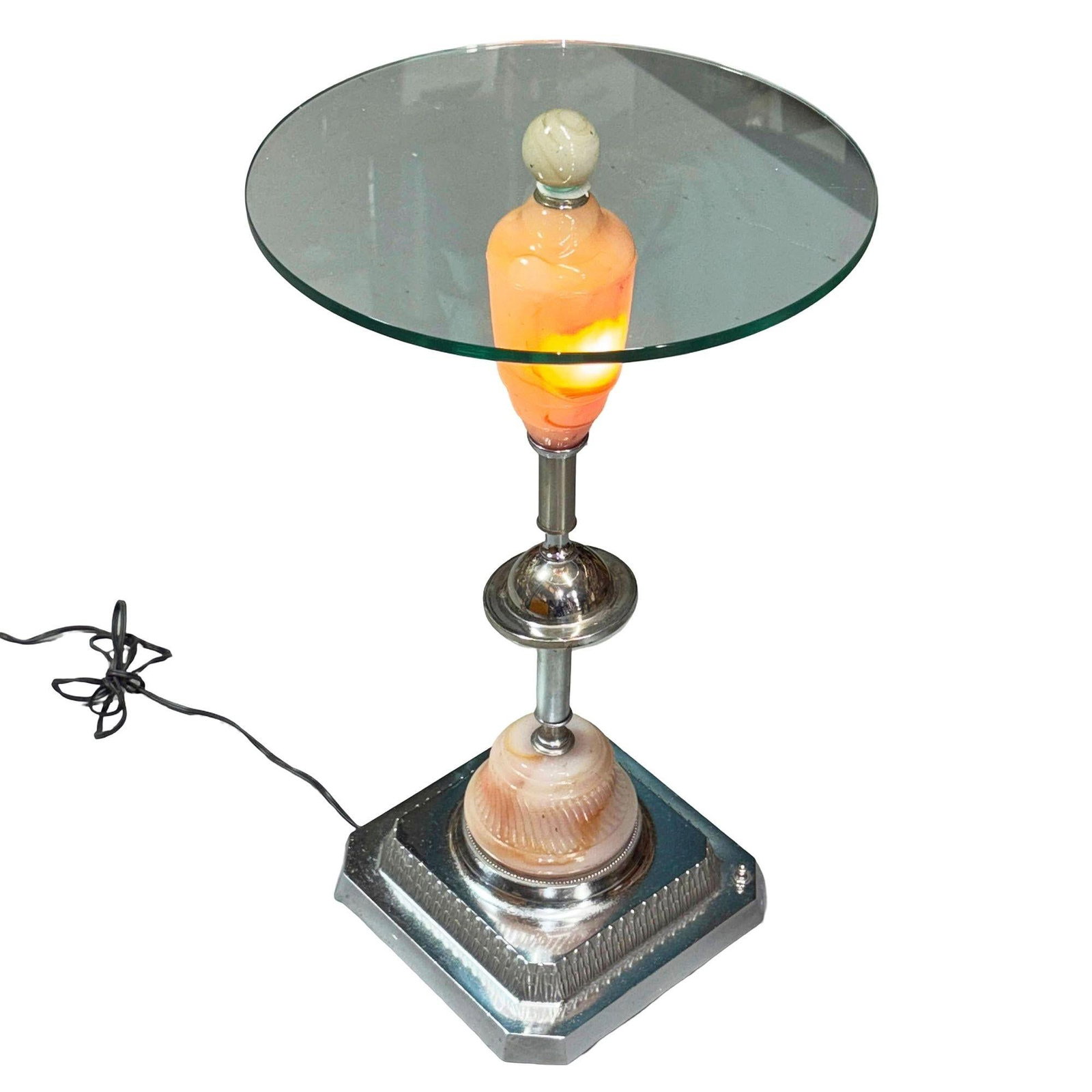 Light Up Chrome Streamline Art Deco Drink Side Glass Top Table w/ Art Glass Base - 4