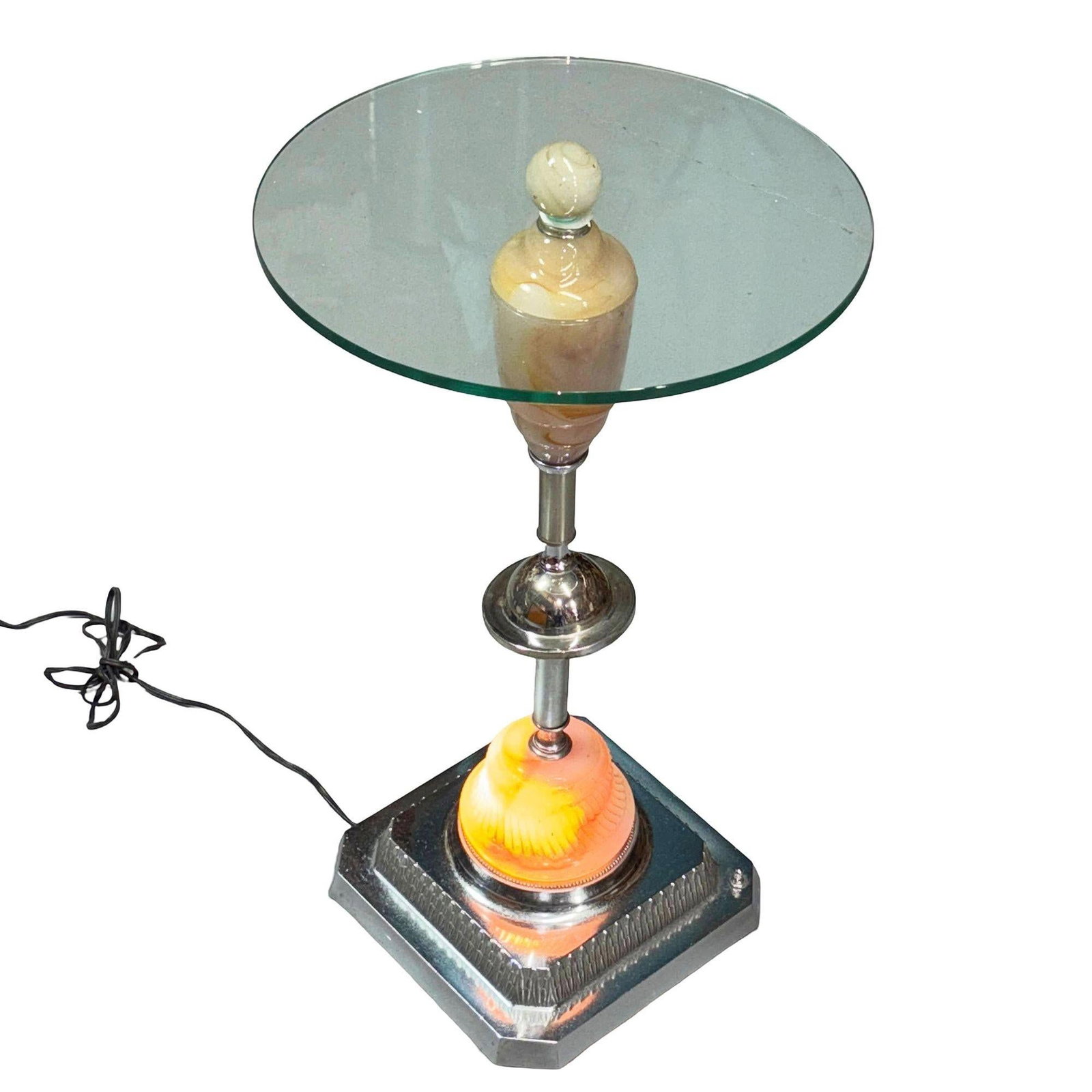 Light Up Chrome Streamline Art Deco Drink Side Glass Top Table w/ Art Glass Base - 5