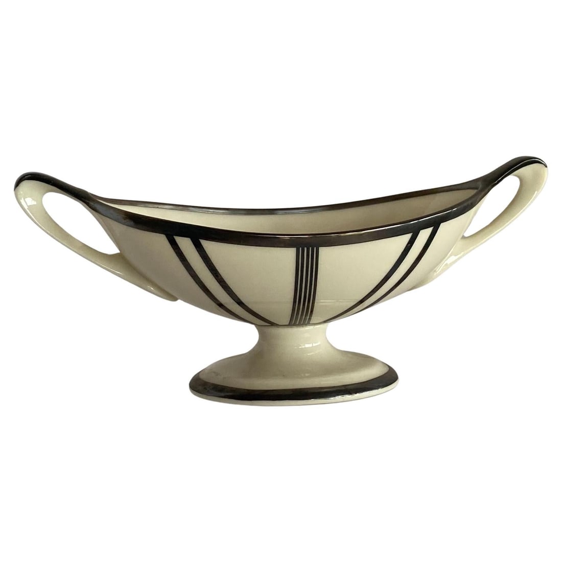 Stepped Art Deco Candelabra with Sterling Silver Overlay by Lenox: Title: Stepped Art Deco Candelabra with Sterling Silver Overlay by Lenox Description: This exquisite sugar bowl, crafted circa 1930, showcases the timeless elegance of Art Deco design with a