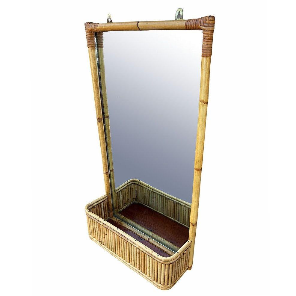 Restored Mid-century Stacked Rattan & Wicker Wall Mirror with Shelf/Planter - 2
