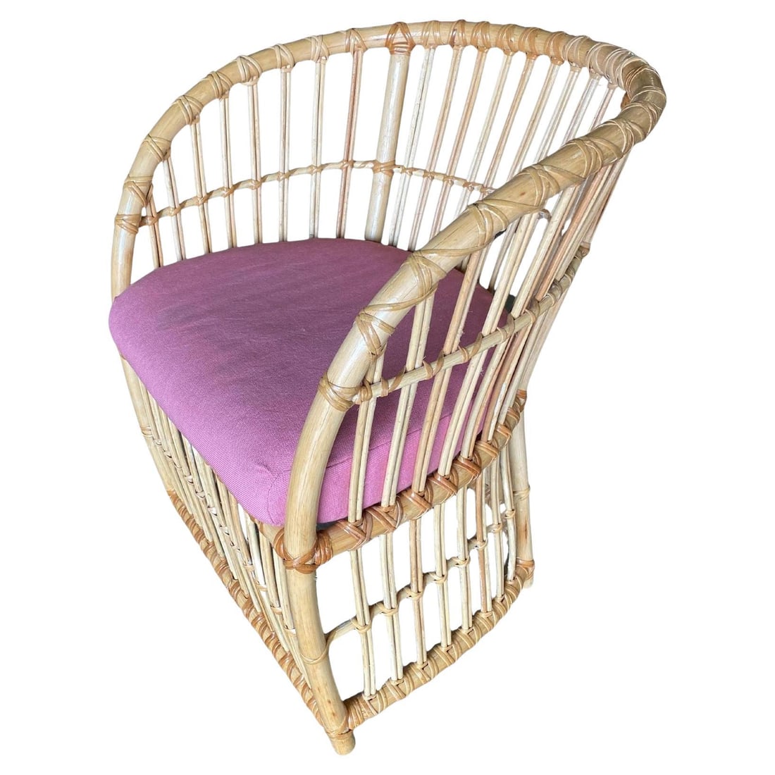 Restored 1970s Pencil Reed Rattan Armchair: Title: Restored 1970s Pencil Reed Rattan Armchair Description: Pencil Reed Rattan spindle barrel armchairs, each chair features a padded seat. 1970, Italy We only purchase and sell the best and finest