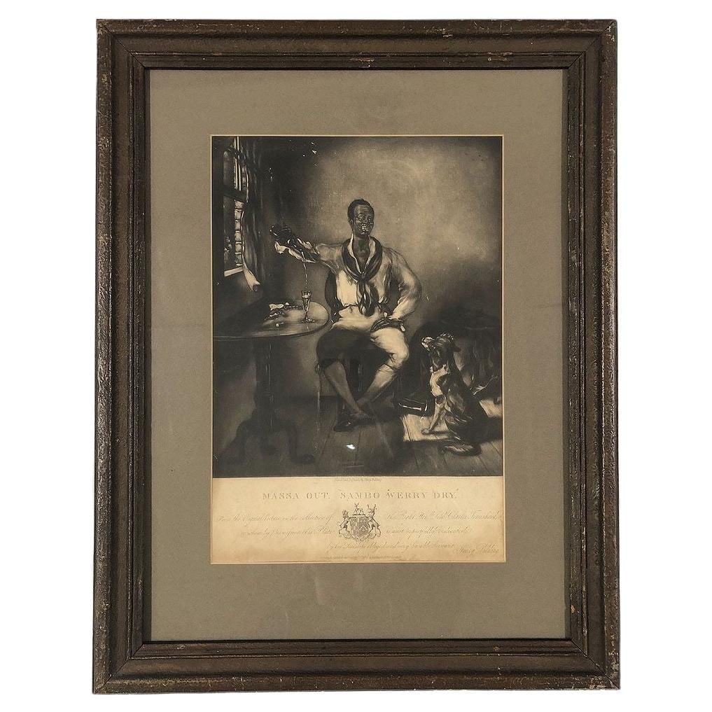 1828 Egnlish Massa Out “Sambo Werry Dry?? Mezzotint Etching By Henry Pidding: Title: 1828 Egnlish Massa Out “Sambo Werry Dry” Mezzotint Etching By Henry Pidding Description: Late Georgian period Mezzotint Etching print By English Artist Henry Pidding titled Massa