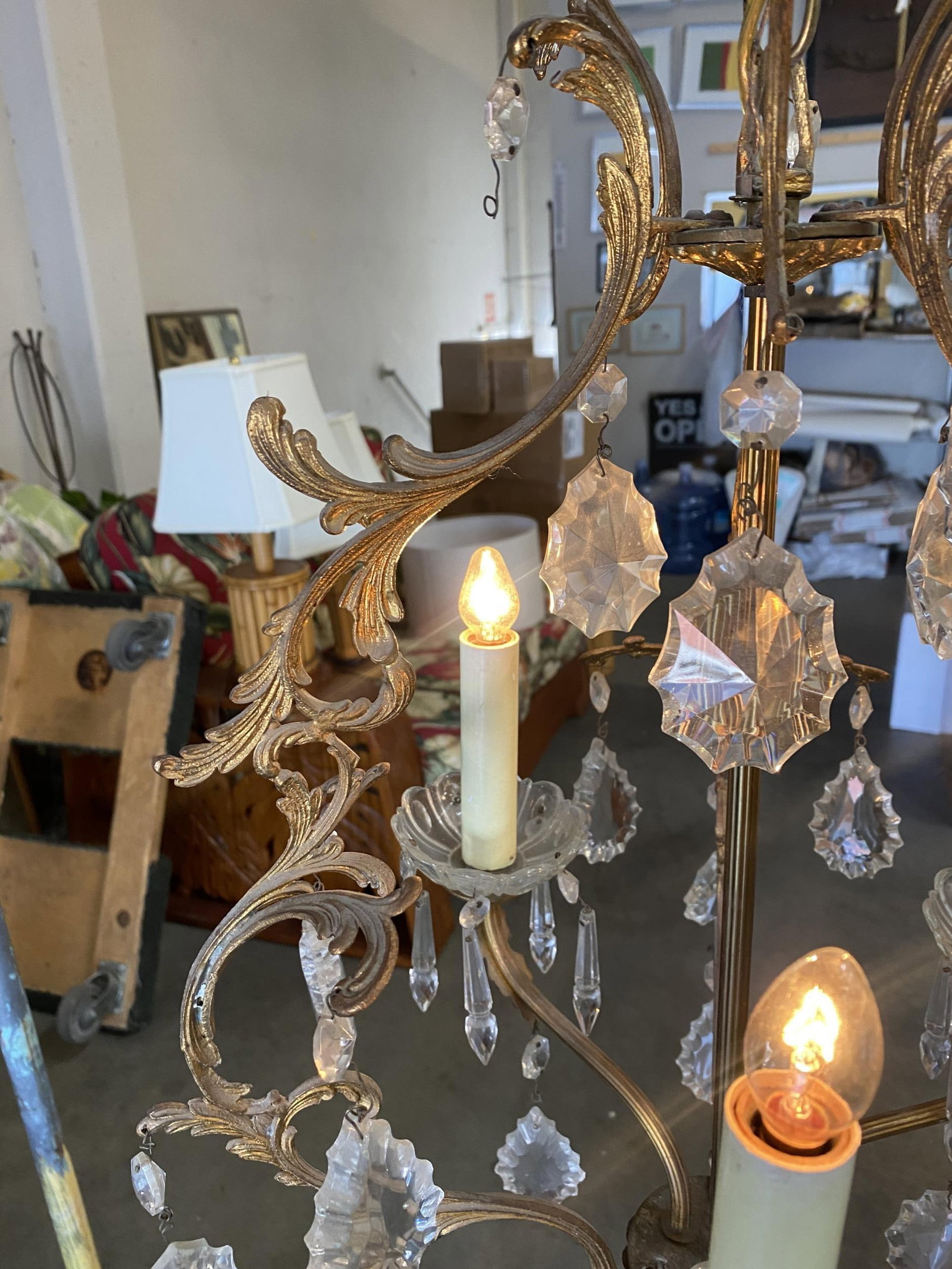 Tall Hollywood Regency Crystal and Brass Chandelier w/ Three Lights - 2