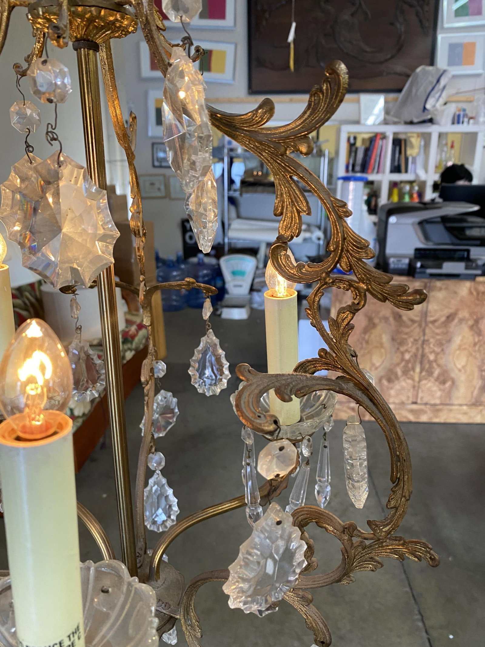 Tall Hollywood Regency Crystal and Brass Chandelier w/ Three Lights - 4