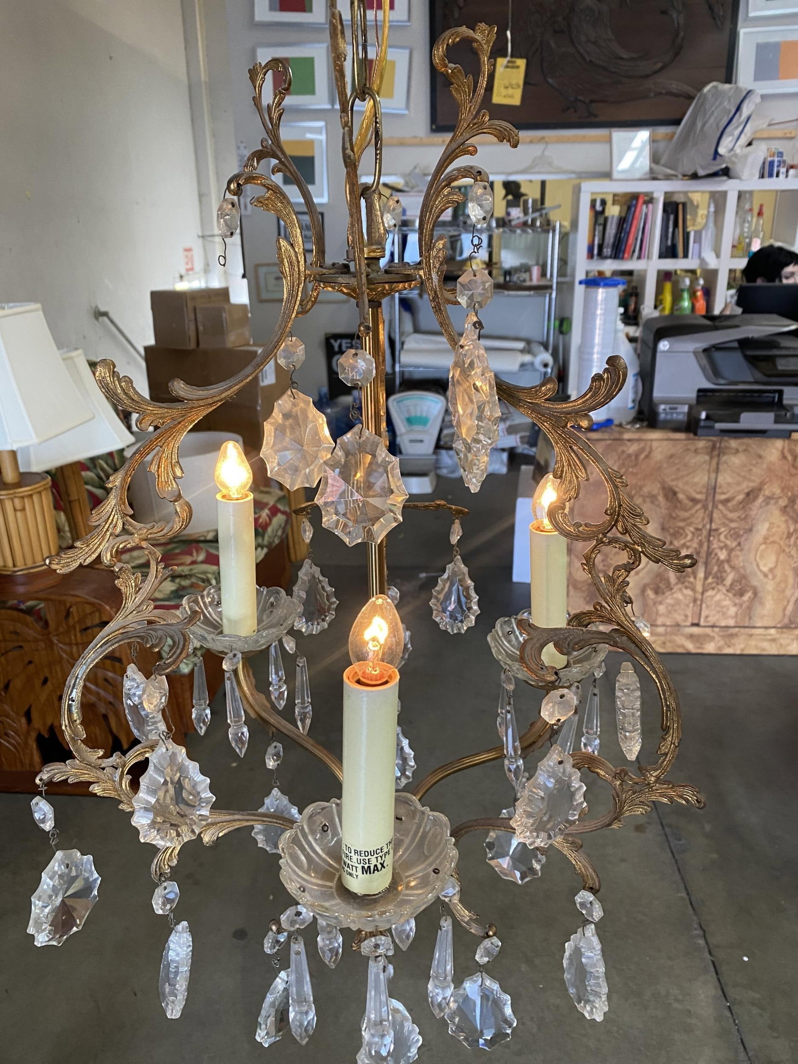 Tall Hollywood Regency Crystal and Brass Chandelier w/ Three Lights - 5