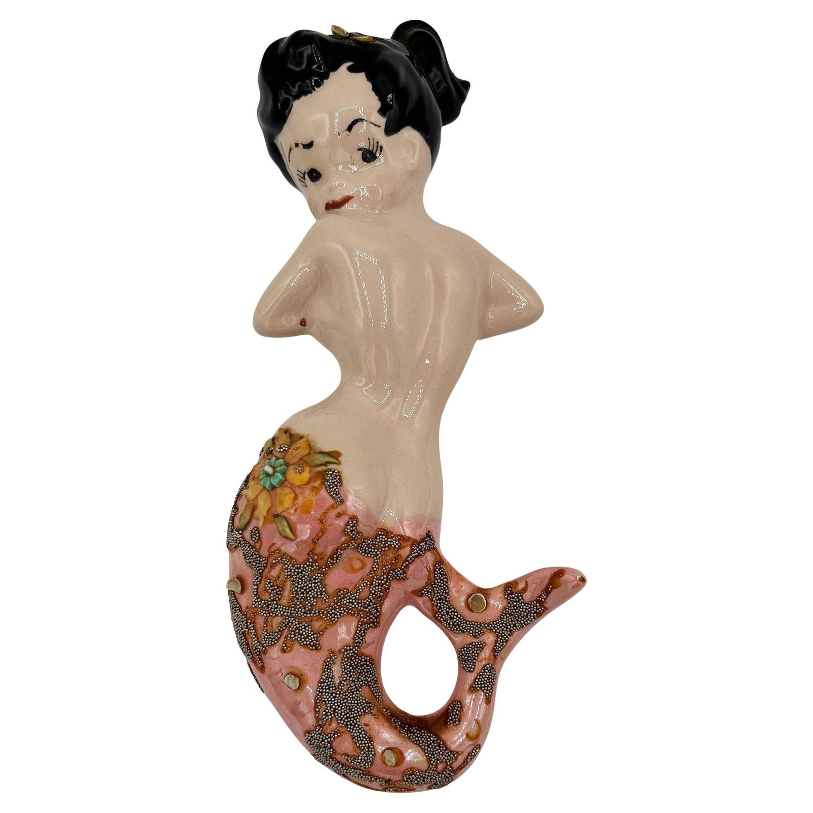 Mid-century Art Pottery Ceramic Wall Sculpture Brunette Mermaid: Title: Mid-century Art Pottery Ceramic Wall Sculpture Brunette Mermaid Description: Original Mid-century ceramic wall sculpture featuring a classic pin-up-inspired design features a brunette hair