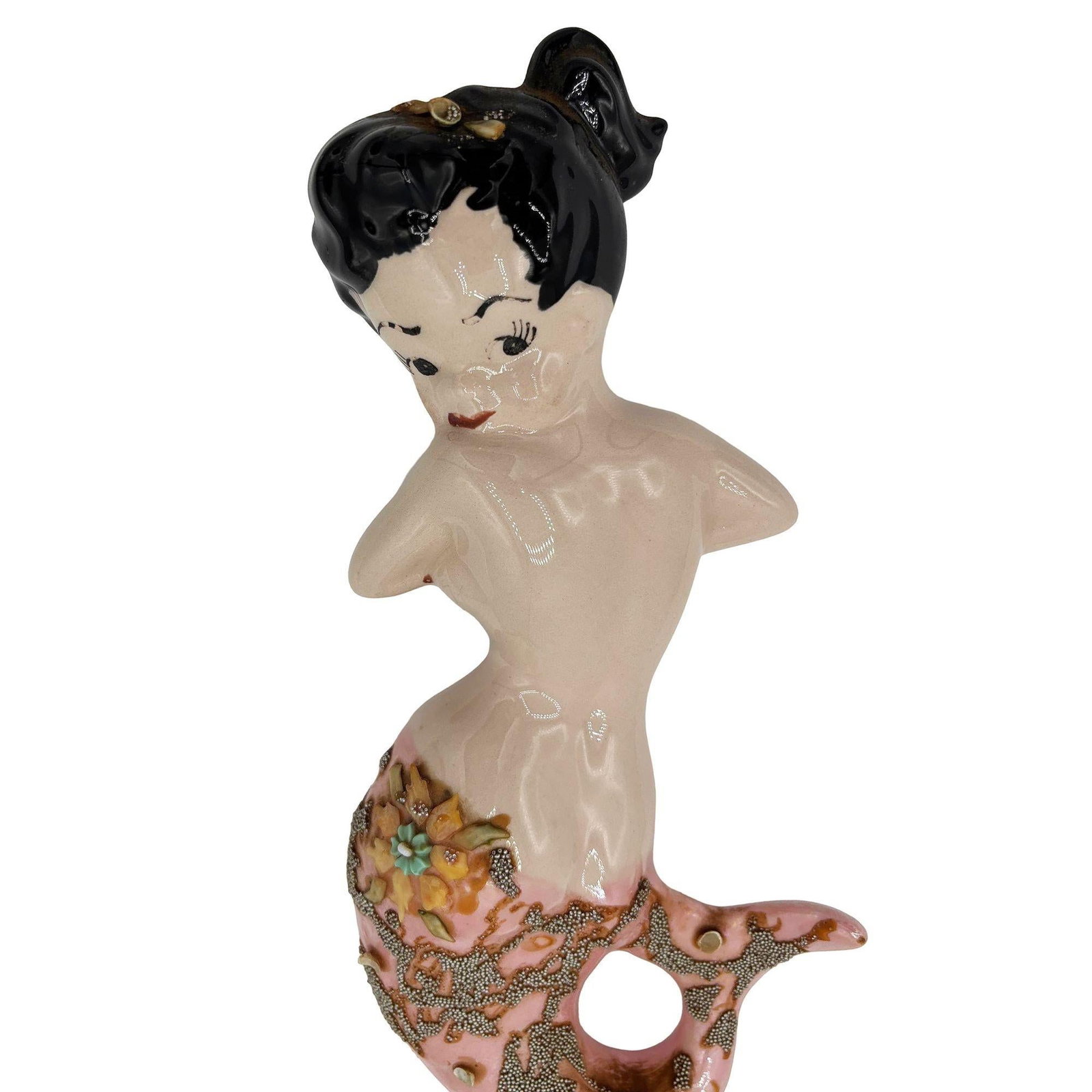 Mid-century Art Pottery Ceramic Wall Sculpture Brunette Mermaid - 2