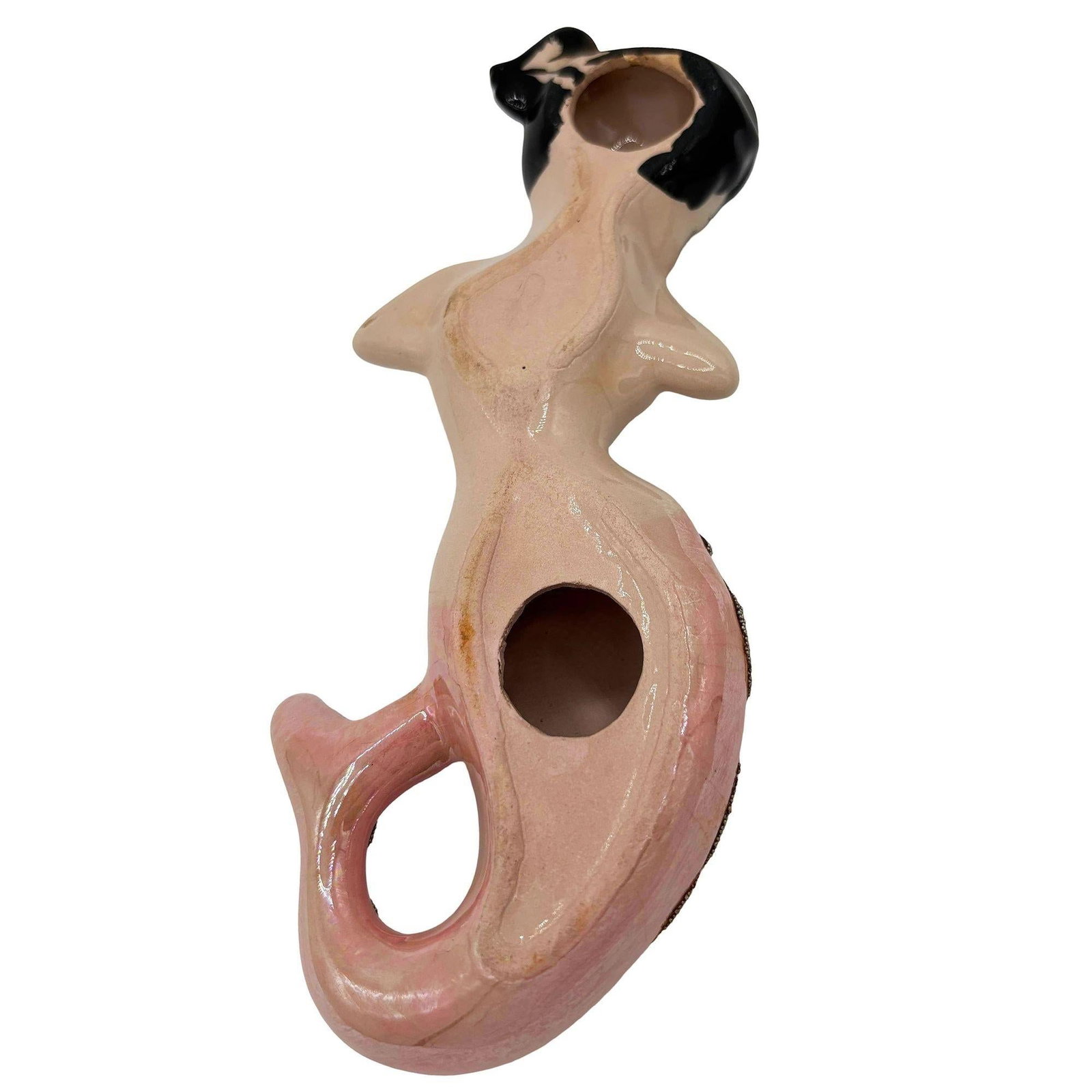 Mid-century Art Pottery Ceramic Wall Sculpture Brunette Mermaid - 5