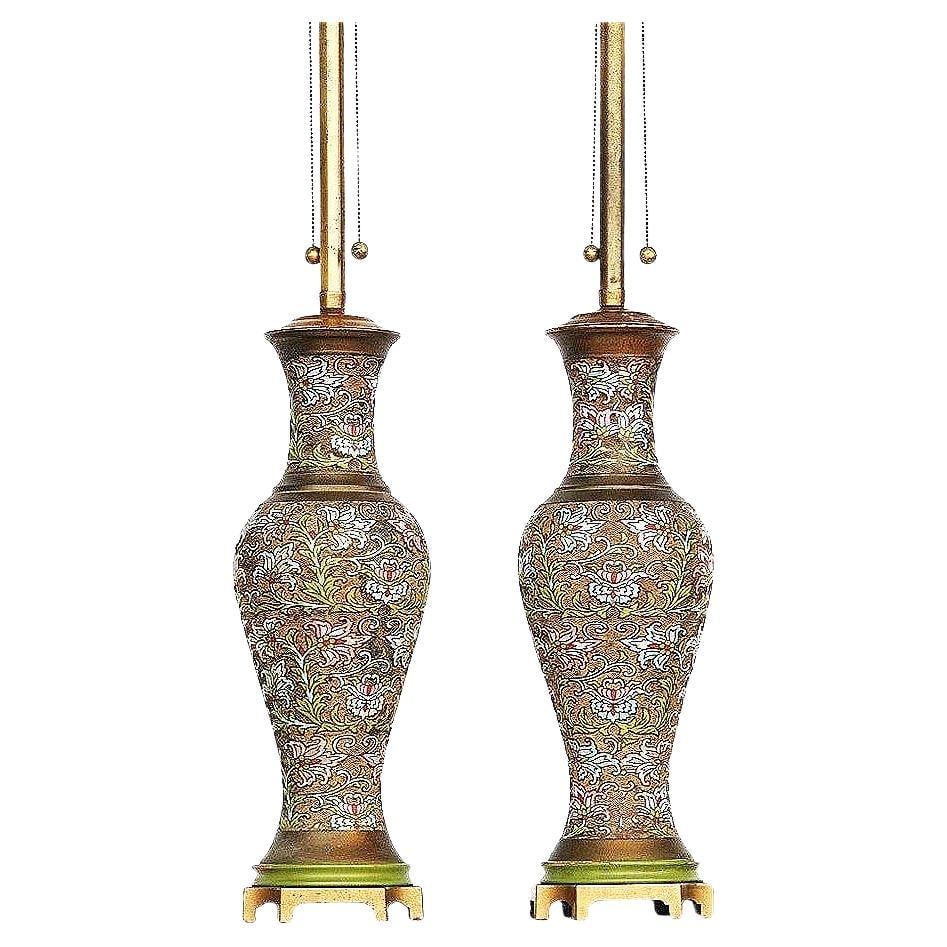 Arts & Craft Chinese Bronze Cloisonné Enamel Vase Lamp by Mimi London, Pair: Title: Arts & Craft Chinese Bronze Cloisonné Enamel Vase Lamp by Mimi London, Pair Description: Set of two Chinese Cloisonné bronze table lamps made by Mimi London. Each lamp features 2 standard 120