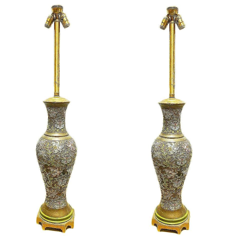 Arts & Craft Chinese Bronze Cloisonné Enamel Vase Lamp by Mimi London, Pair - 3