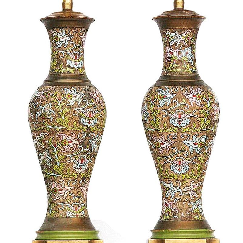 Arts & Craft Chinese Bronze Cloisonné Enamel Vase Lamp by Mimi London, Pair - 5