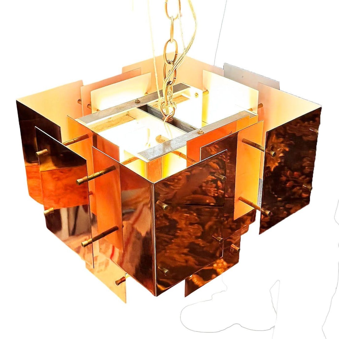 MCM Floating Panel "Cityscape" Brutalist Copper Chandelier By Robert Sonneman - 3