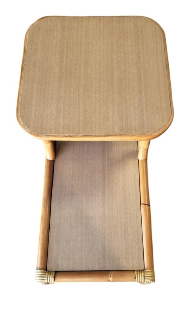 Restored Rattan Side Table 2-Tier w/ Formica Top - Set of 2 - 2