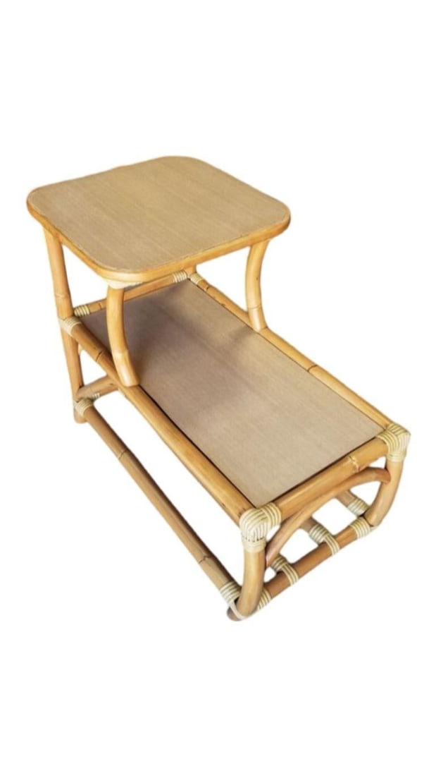 Restored Rattan Side Table 2-Tier w/ Formica Top - Set of 2 - 4