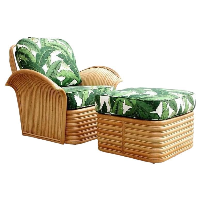 Restored Rattan Fan Arm Lounge Chair With Ottoman Set: Title: Restored Rattan Fan Arm Lounge Chair With Ottoman Set Description: Restored rattan Art Deco style lounge chair with matching stacked ottoman. The chairs feature beautifully shaped "Fan" arms wi