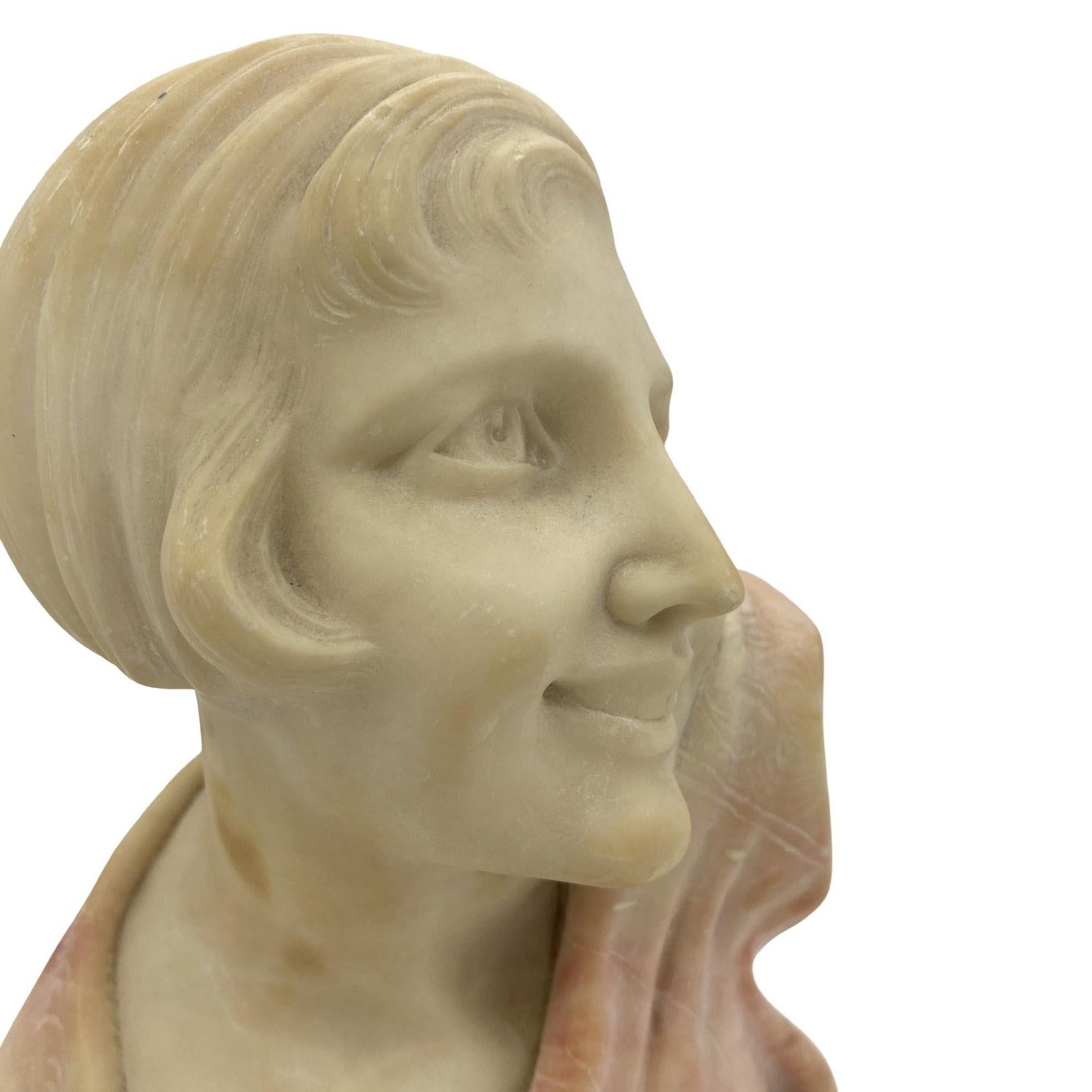 Art Deco Hand Carved Female Flapper Girl Alabaster Bust, Unsigned - 3