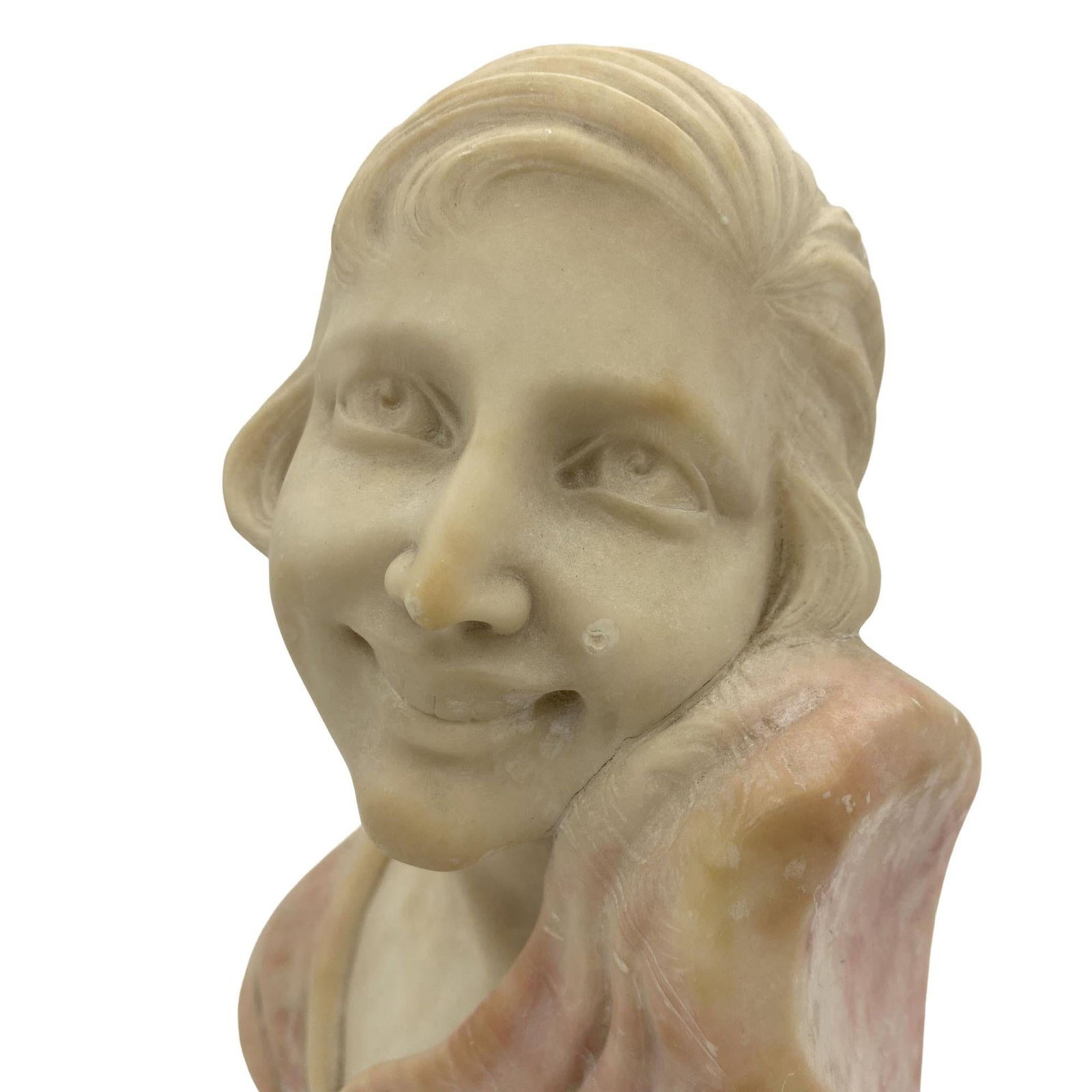 Art Deco Hand Carved Female Flapper Girl Alabaster Bust, Unsigned - 4